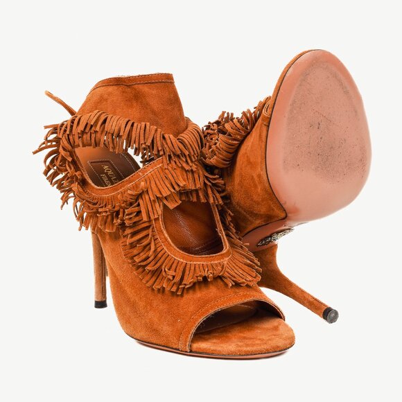Aquazurra Brown Suede Sexy Fringe Heeled Sandals - Picture 4 of 9